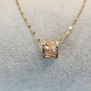 18k Gold Plated Stainless Steel Simulated Pink Diamond Barrel Pendant Necklace